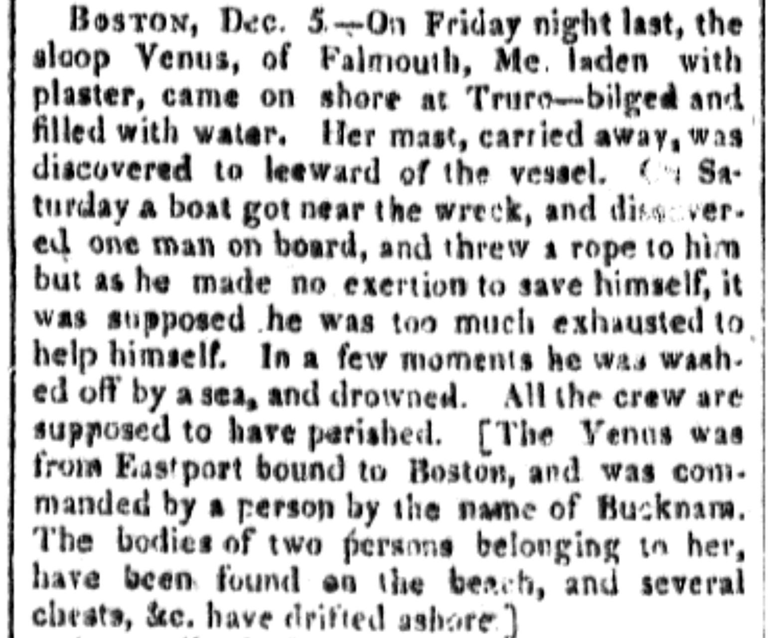 Newspaper item about shipwreck of Falmouth sloop